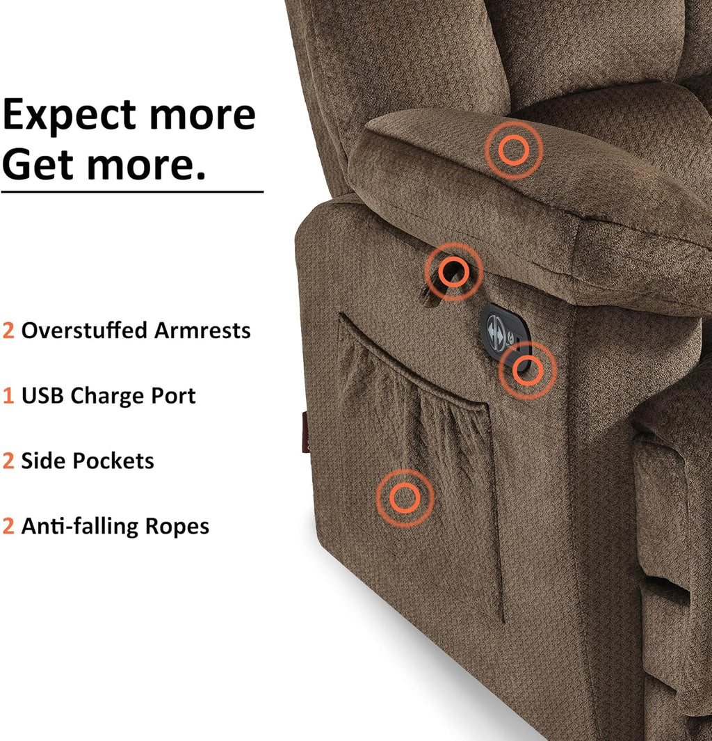 MCombo Zero Gravity Power Recliner Chair with Heat and Vibration Massage, Reclining Chair with USB Ports for Living Room, Fabric R6233 (Brown)