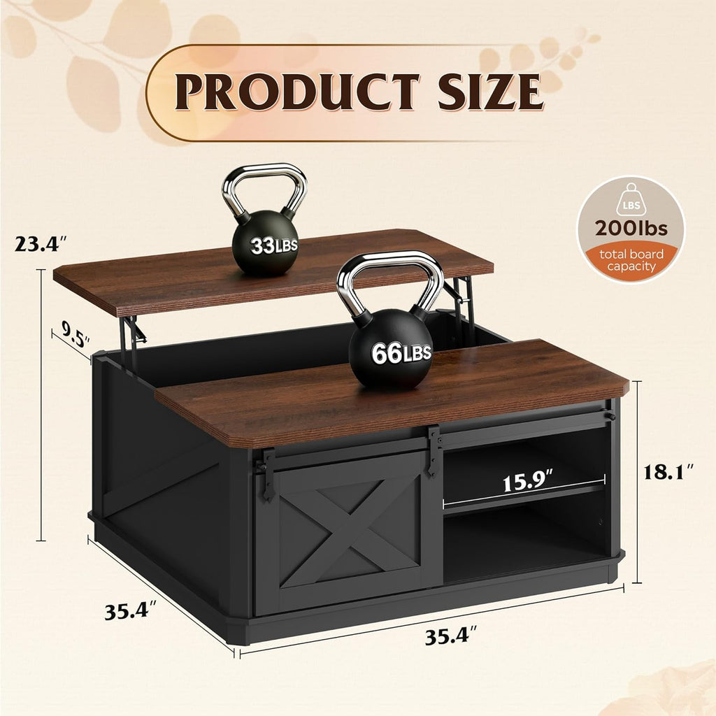 WLIVE Framhouse Coffee Table with Storage, 35.5" Lift Top Coffee Table for Living Room, Square Center Table, Rustic Cocktail Table with Sliding Barn Doors, Curevd Base, Black