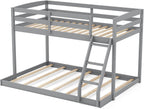 KOMFOTT Low Bunk Bed Twin Over Full, Solid Wood Twin Bed Frame with Built-in Ladder & Safety Guardrails, Space-Saving Low Bunk Bed for Kids, Teens, No Box Spring Needed