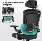 Sweetcrispy Office Chair Ergonomic Desk Chair, 300 LBS Home Mesh Office Desk Chairs with Wheels, 2D Headrest, Up&Down Lumbar Support, Swivel High Back Computer Chair with Flip-up Armrests,Dark Black