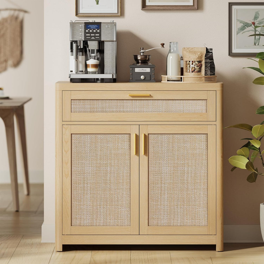 VASAGLE ELLAN Collection - Boho Buffet Cabinet with Rattan-Look Doors, Sideboard Storage Cabinet, Rounded Corners, Adjustable Shelf, Drawer, for Kitchen, Oak Beige UBBK601YC01