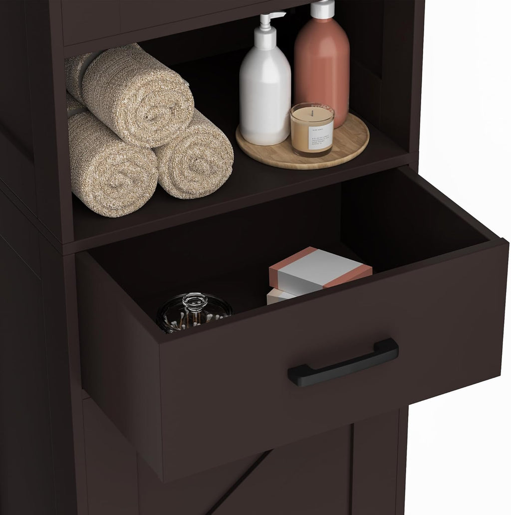 Homhedy 67" H Tall Bathroom Storage Cabinet with 2 Barn Doors and 1 Drawer, Narrow Storage Unit, Adjustable Shelves, Floor Cabinet for Bathroom, Living Room, Entryway, Kitchen, Brown, (15.7" W)