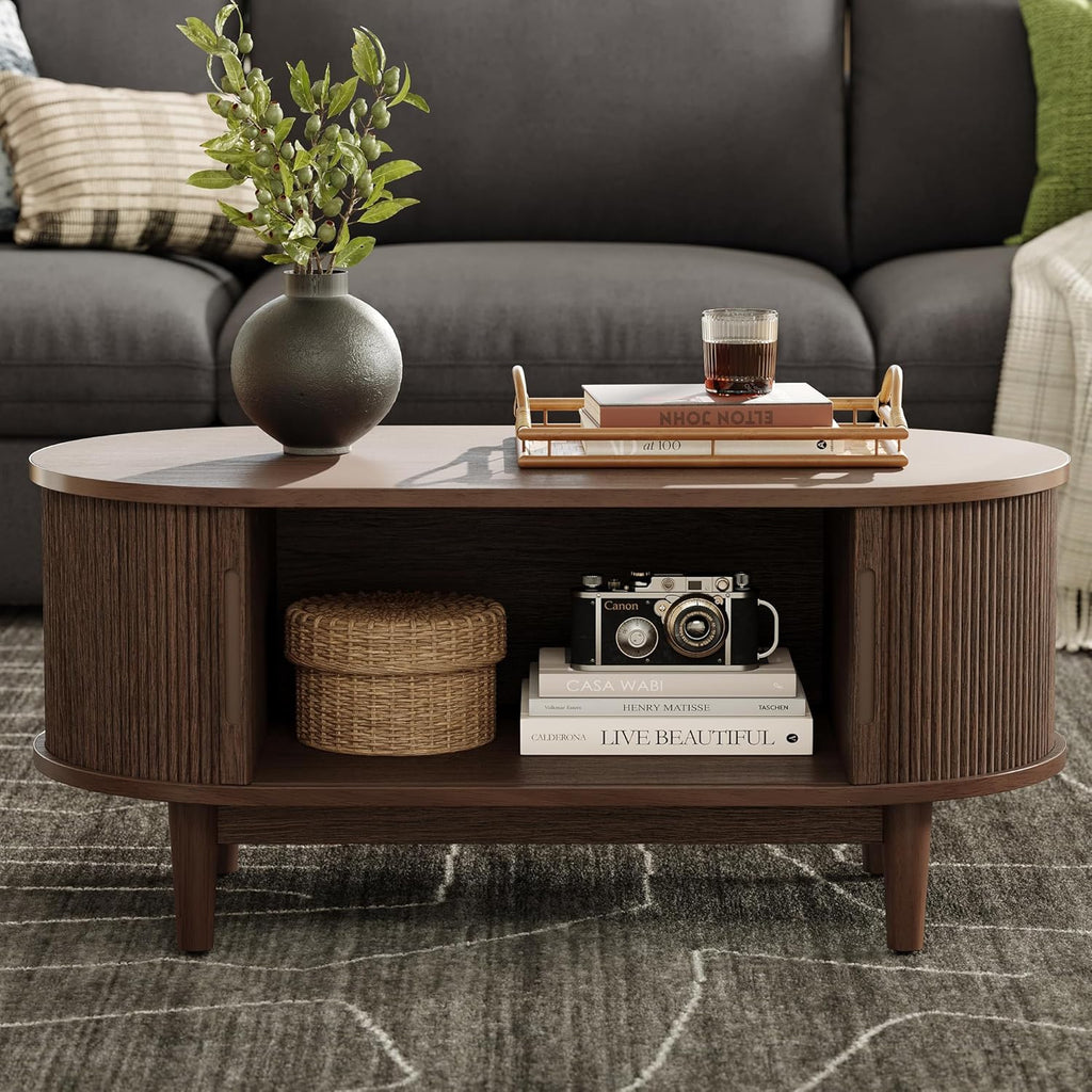 LINSY HOME Oval Coffee Table, Wood Coffee Table with Storage, Fluted Accent Center Table with Sliding Tambour Door, 39" Mid Century Modern Coffee Tables for Living Room, Bedroom, Apartment, Walnut
