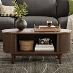 LINSY HOME Oval Coffee Table, Wood Coffee Table with Storage, Fluted Accent Center Table with Sliding Tambour Door, 39" Mid Century Modern Coffee Tables for Living Room, Bedroom, Apartment, Walnut