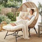 NICESOUL Wicker Egg Chair with Ottoman  Indoor Outdoor Egg Basket Lounge Chair w/Cushion  Oversized Egg Seat with Legs 440 Lbs  Comfy Cozy Boho Style Nest Chair w/Footrest for Patio  Balcony  Beige