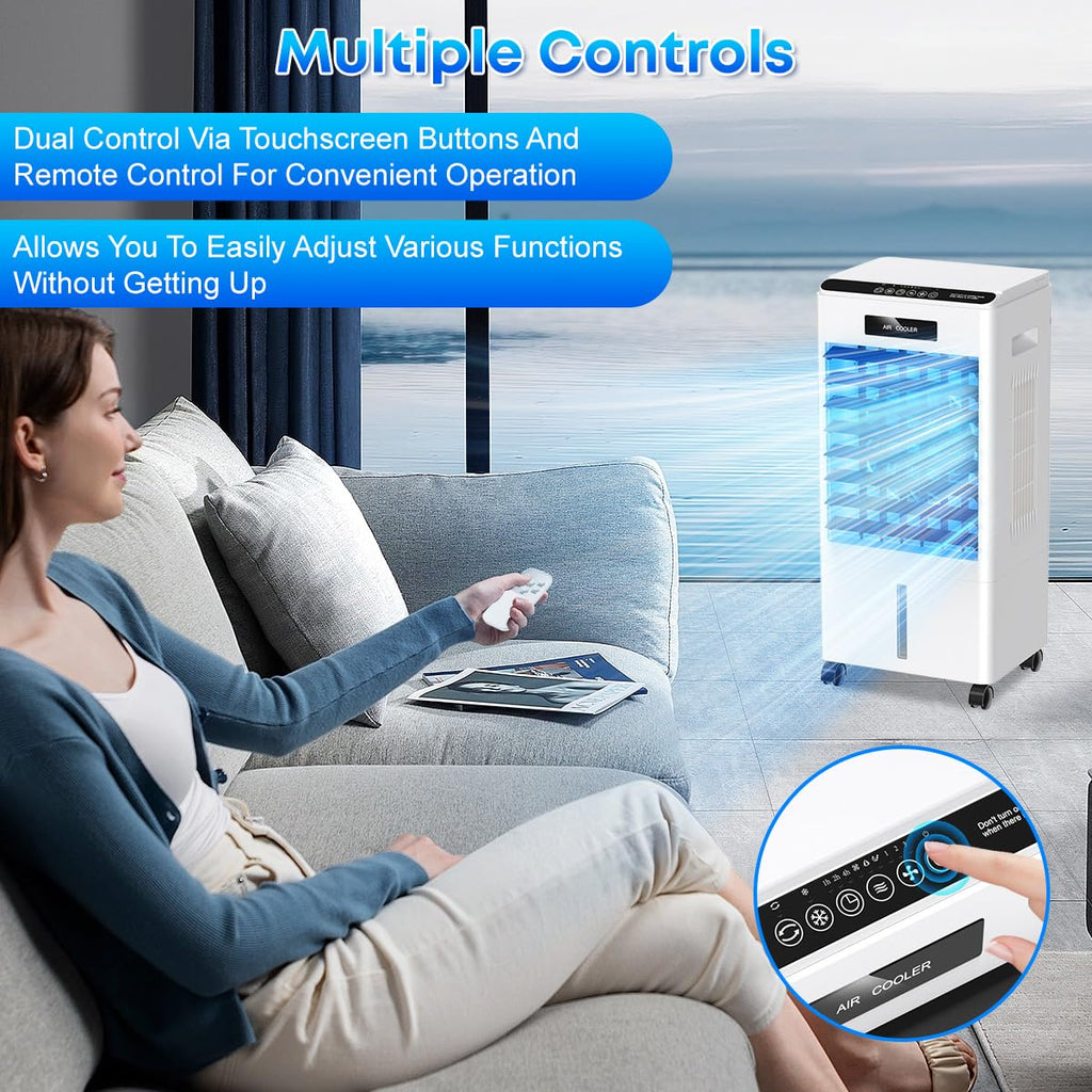 Portable Air Conditioners, 3-in-1 AC Cooling Fan 3 modes 3-Speed with Remote Control & 4 Ice Boxes, Evaporative Air Cooler with 8L Tank for 20H Cooling, for Home, Bedroom, Kitchen, Living Room (Black)