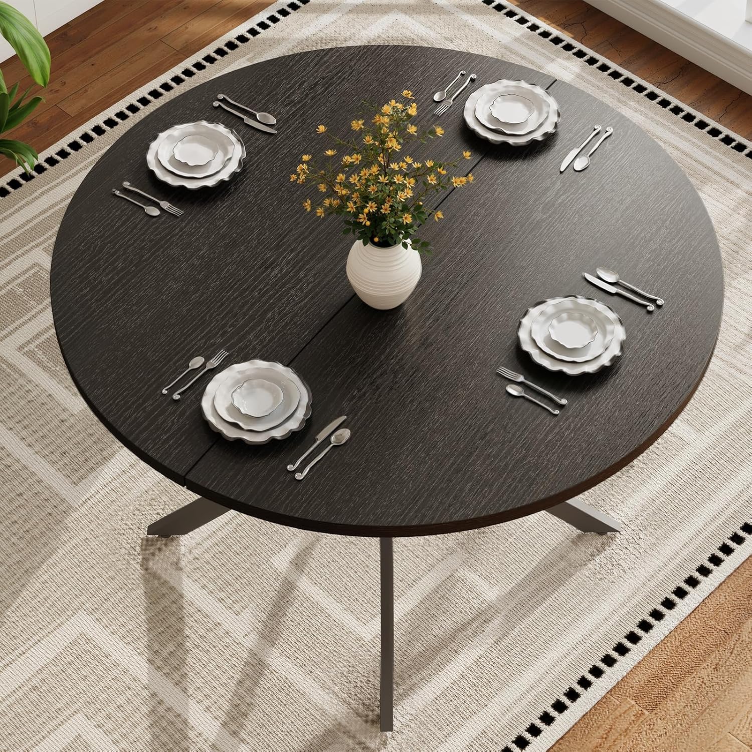 Vantic 47" Round Dining Table for 4-6 People, Modern Wood Kitchen Table for Small Space, Circle Dining Table with Metal Base for Kitchen & Living Room, Black