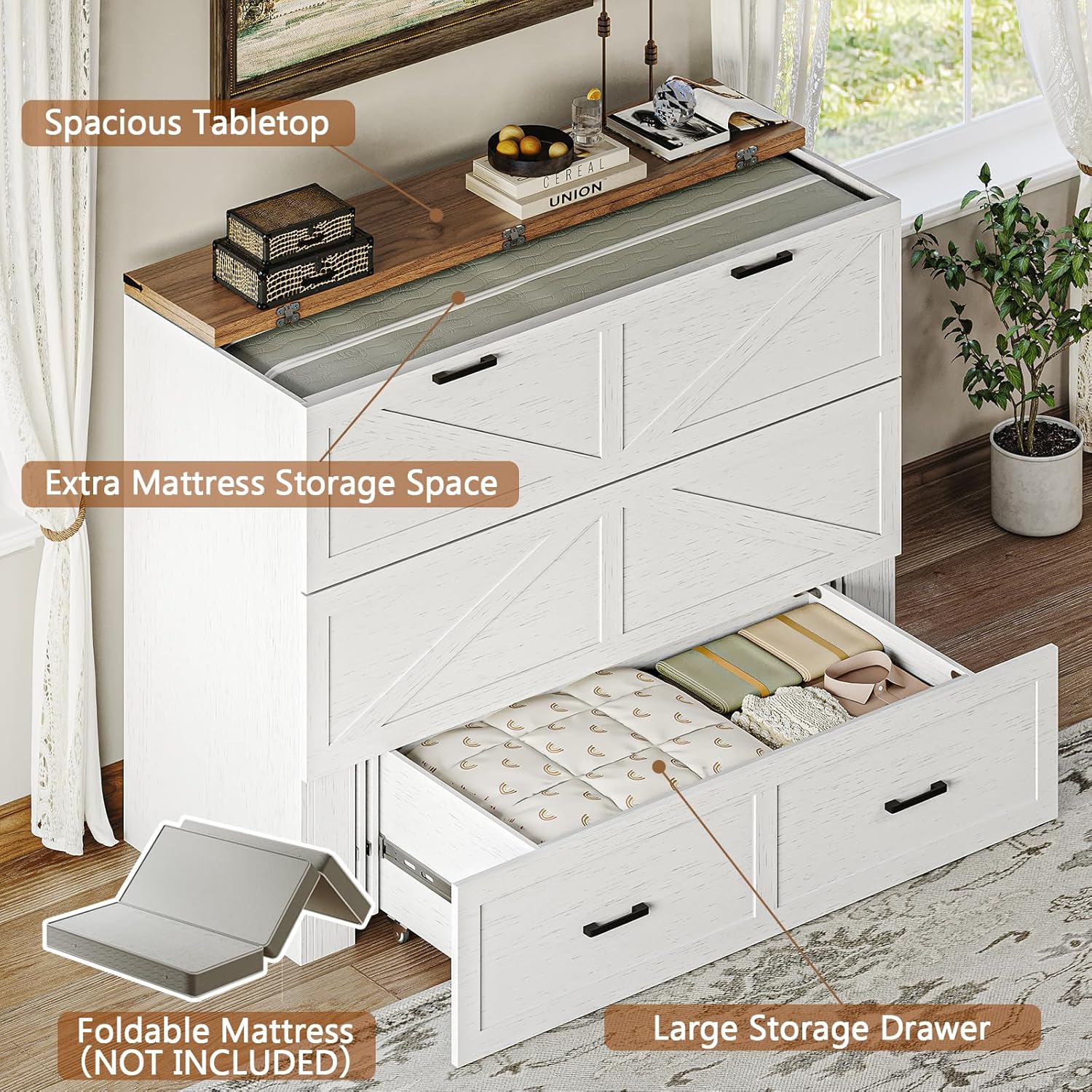 CHUWELL Full Size Murphy Bed with Charging Station & Drawer, Farmhouse Full Size Mobile Cabinet Bed Frame, Murphy Chest Bed Cabinet for Bedroom, Guest Room