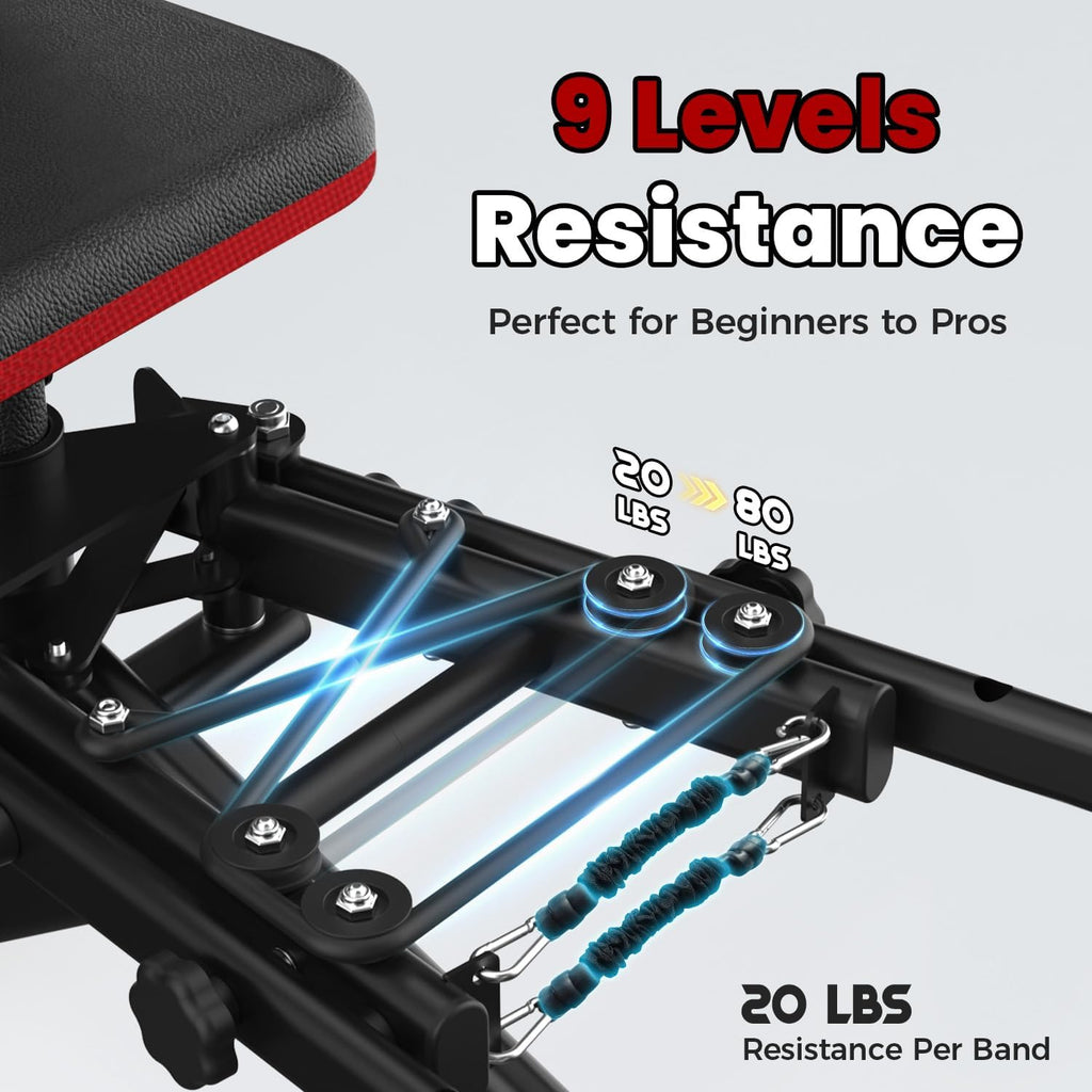 Hip Abductor Machine for Home Gym, 9 Levels Glute Workout Equipment, Booty Builder with 2 Resistance Bands, 2 in 1 Glute & Thigh Abductor Machine for Women & Men