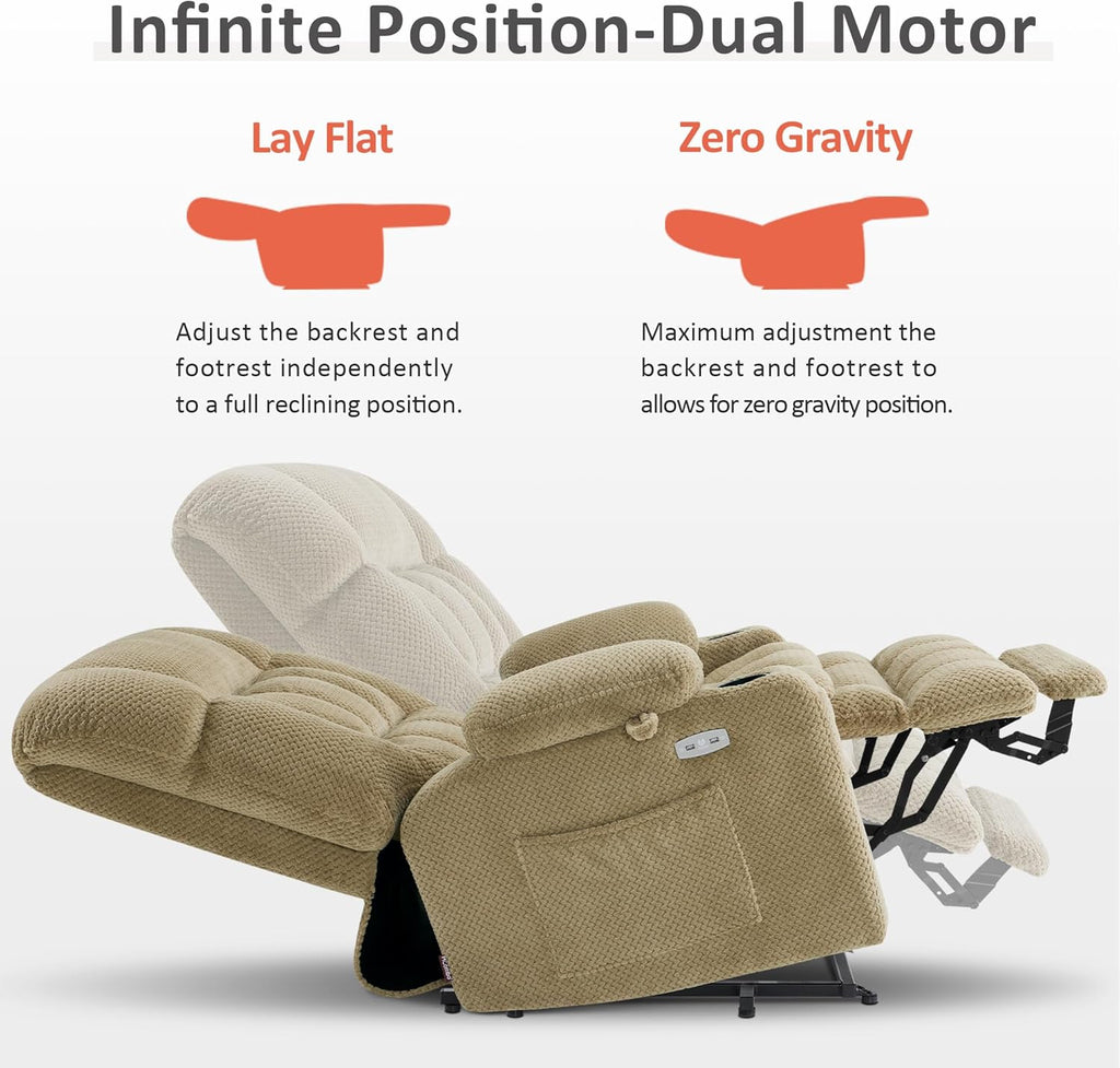 MCombo Oversized Power Lift Recliner Chair for Elderly, Dual Motor Lift Chair with Heat and Massage, Lay Flat Lift Chair for Big and Tall, Cup Holders, Fabric R7891 (Oversize, Beige)