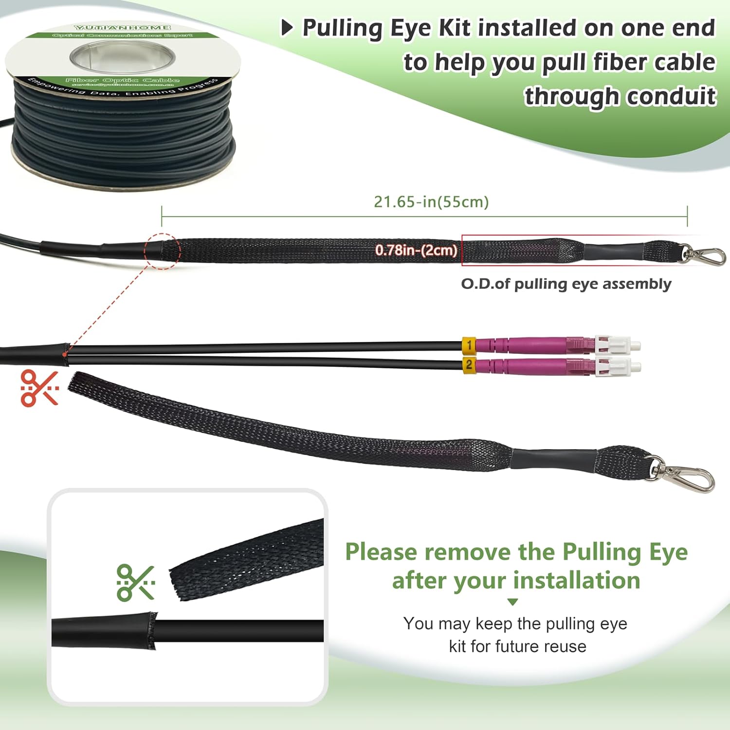 500ft/150m OD-5mm Industrial TPU OM4 Fiber LC to LC Outdoor Armored Fiber Patch Cable  Duplex Multimode Fiber Optic Cable  40G/100G  50/125  OM4 LC-LC with Pulling Eye Kit Installed on one end