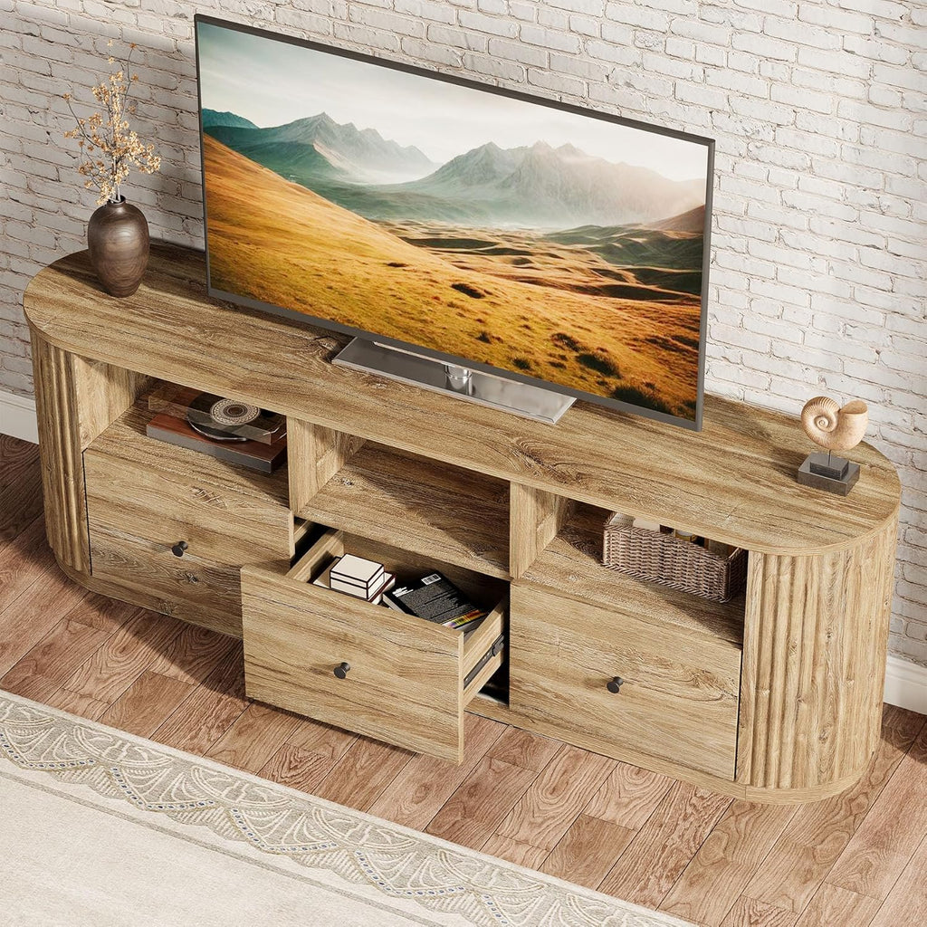 Tribesigns 70.87" TV Stand for TVs up to 80", Modern Curved Media Console with 3 Drawers and Open Storage, Fluted Entertainment Center for Living Room, Brown