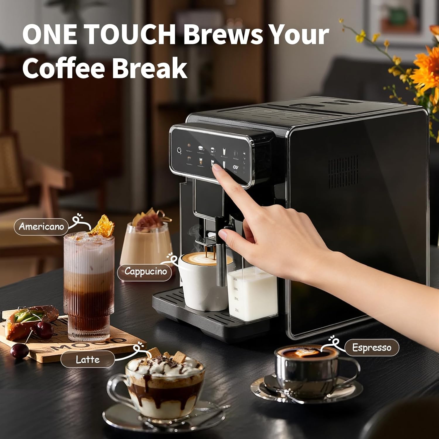 Automatic Espresso Machine with Grinder and Milk Frother - Grinder Coffee Machine Expresso Maker with 7 One-Touch Coffee Recipes for Latte, Cappuccino, Americano, Iced and Hot Coffee (Black)