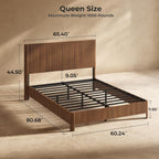 Evermagin Walnut Queen Bed Frame with Headboard, Mid Century Modern Fluted Platform Bed, Boho Wooden Bed Base No Box Spring Needed, Wavy Grooved Panel