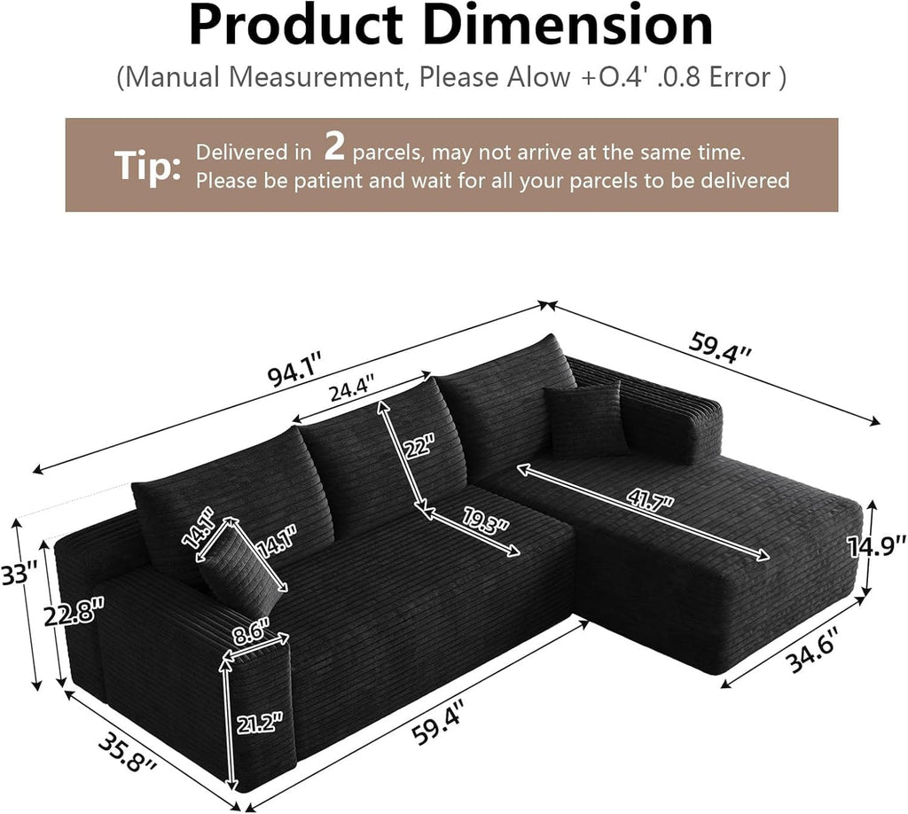 95" Cloud Sectional Couch with L-Shape Chaise, Modern Cloud Couch with Deep Seat, Modular Sectional Couches for Living Room, Apartment, Office, No Assembly Required