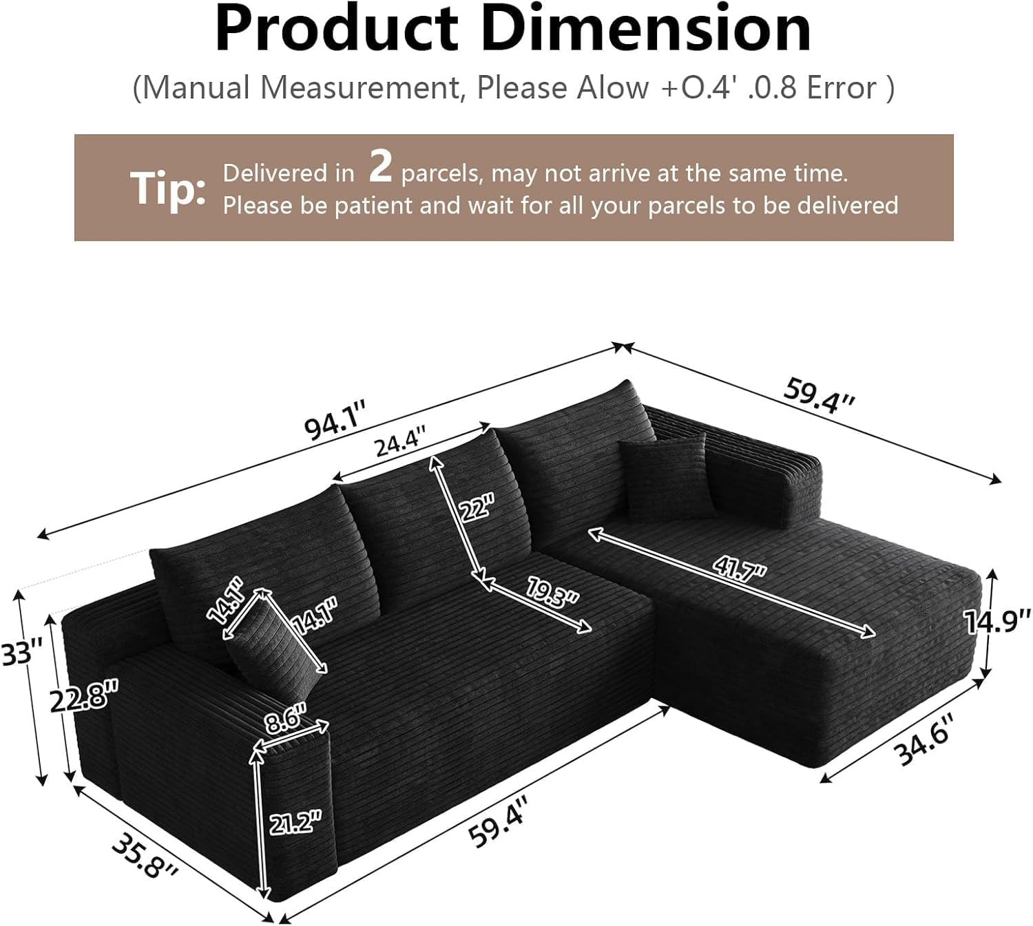 95" Cloud Sectional Couch with L-Shape Chaise, Modern Cloud Couch with Deep Seat, Modular Sectional Couches for Living Room, Apartment, Office, No Assembly Required