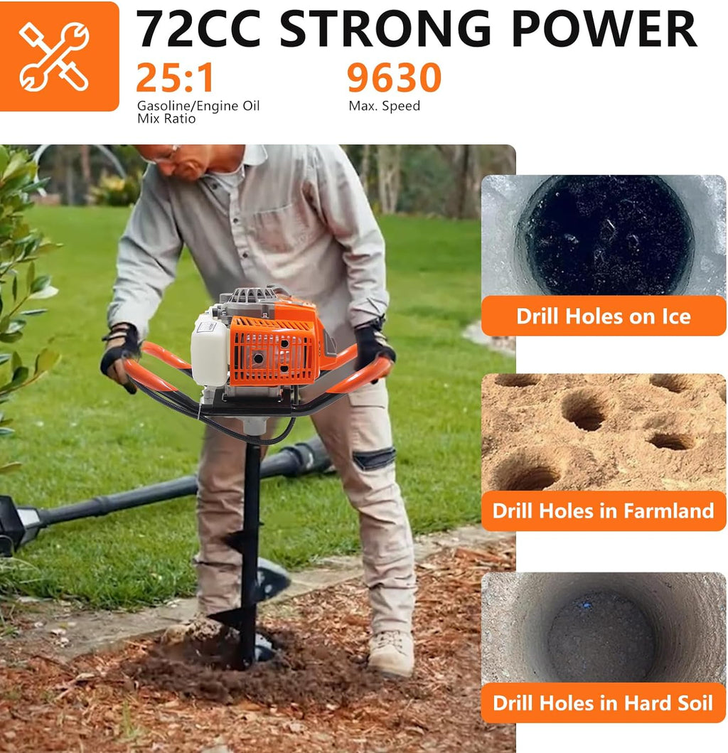 72CC Auger Post Hole Digger  2 Stroke Gas Powered Earth Post Hole Digger with 2 Auger Drill Bits(6" & 8") + 1 Extension Rods for Farm Garden Plant  Orange (72CC)
