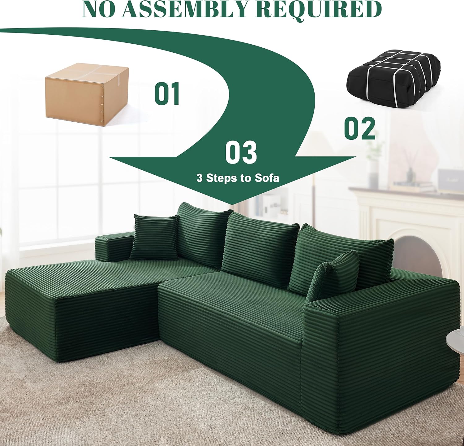 110” Cloud Sectional Couch, Modular Sectional Sofa for Living Room, Boneless Sofa with Deep Seat, Comfy Fluffy Couch with L-Shaped Chaise, No Assembly Required (Left-Facing Chaise, Green)