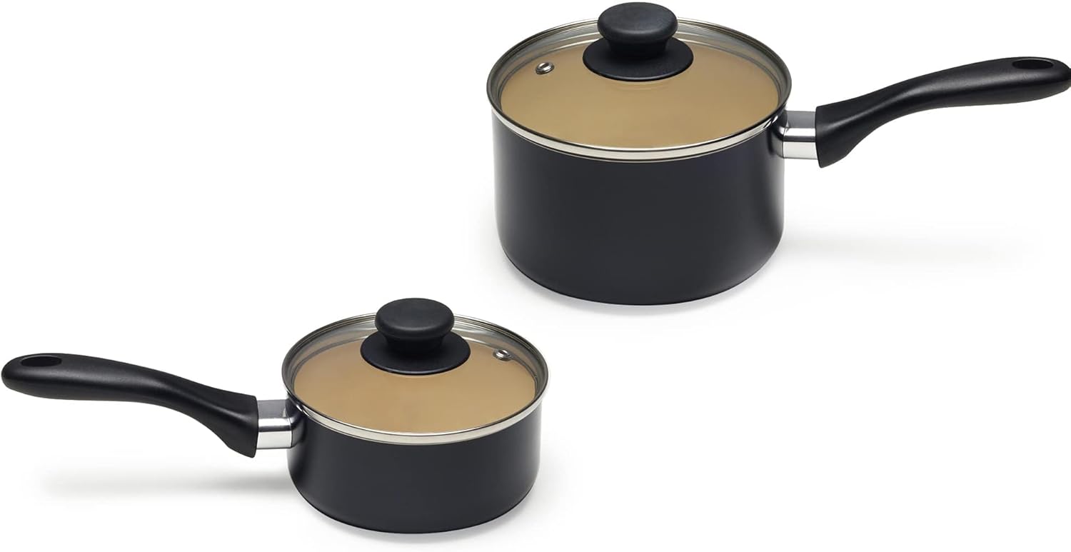 Amazon Basics 11-Piece Ceramic Non-Stick Pots and Pans Set, Dishwasher & Oven Safe, Easy Clean, Glass Lids, Black/Cream