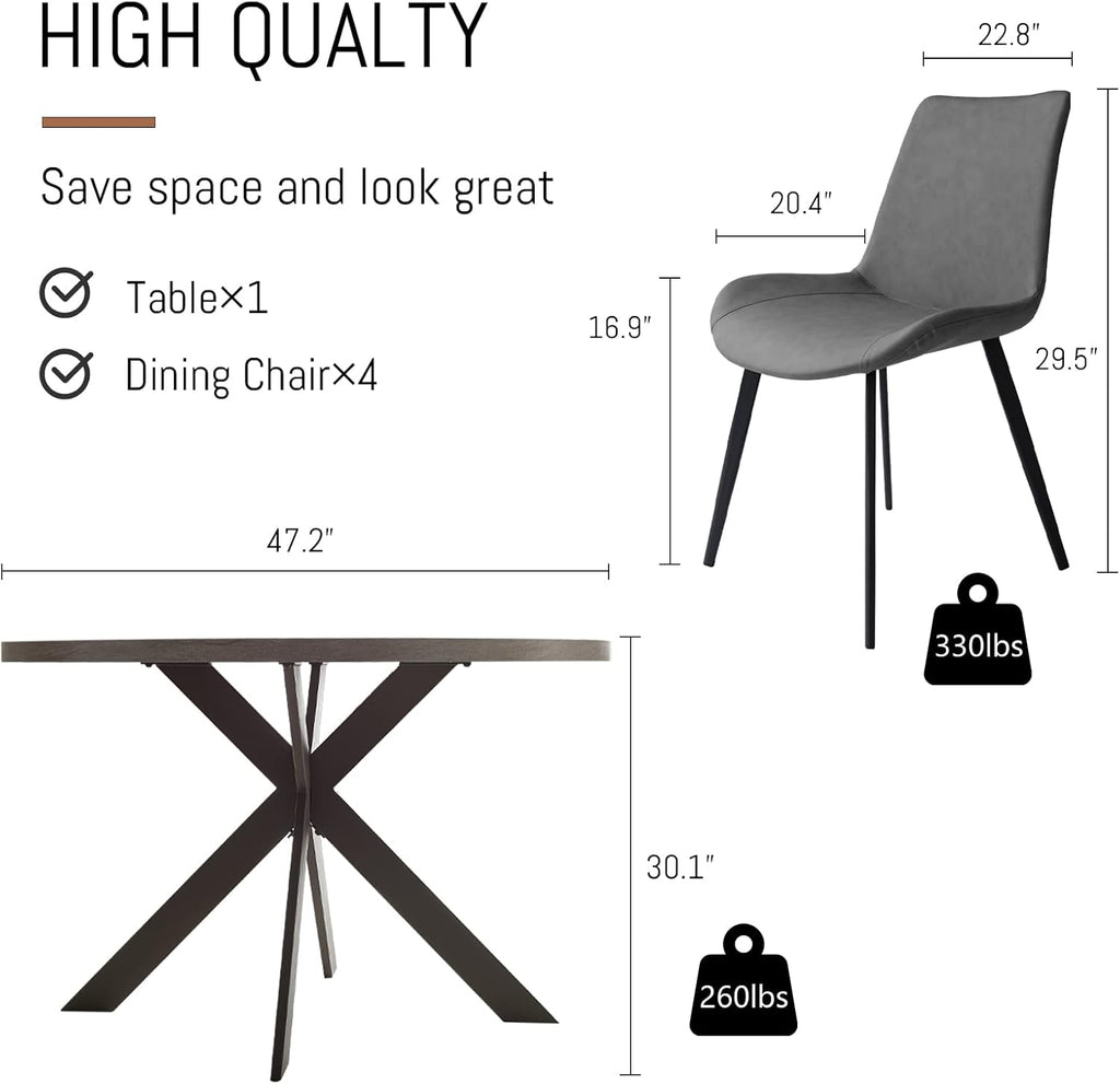 Zerifevni Round Dining Table Set, Mid Century Modern 47 INCH, Leisure Coffee Table, Saving Space (Grey)