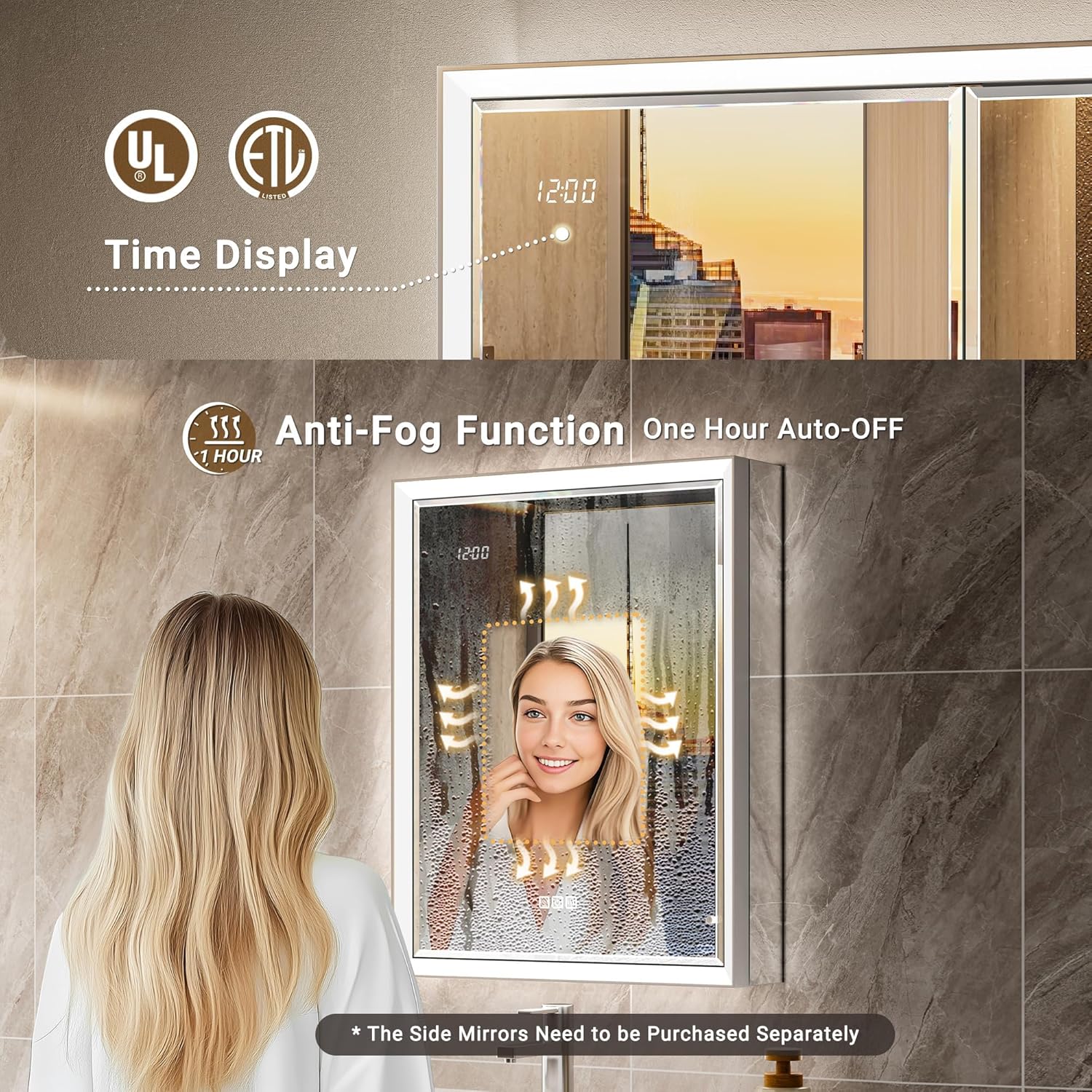 Beveled Lighted Medicine Cabinet with Mirror & Lights -20x26 Surface or Recessed Mirrored Medicine Cabinet with Outlet & Clock, Anti-Fog Dimmable LED Storage Cabinet, Built-in Sensor Light