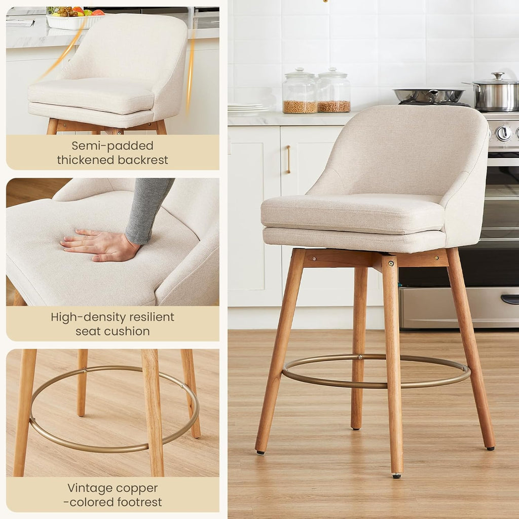 Modern Bar Stools Set of 2,Swivel Counter Height Bar Stools with Soft Upholstered Back,Thick Seat,Wooden Legs, 27" Counter Stools for Kitchen Island (Sand, 2 Pieces - 27" Counter Height)