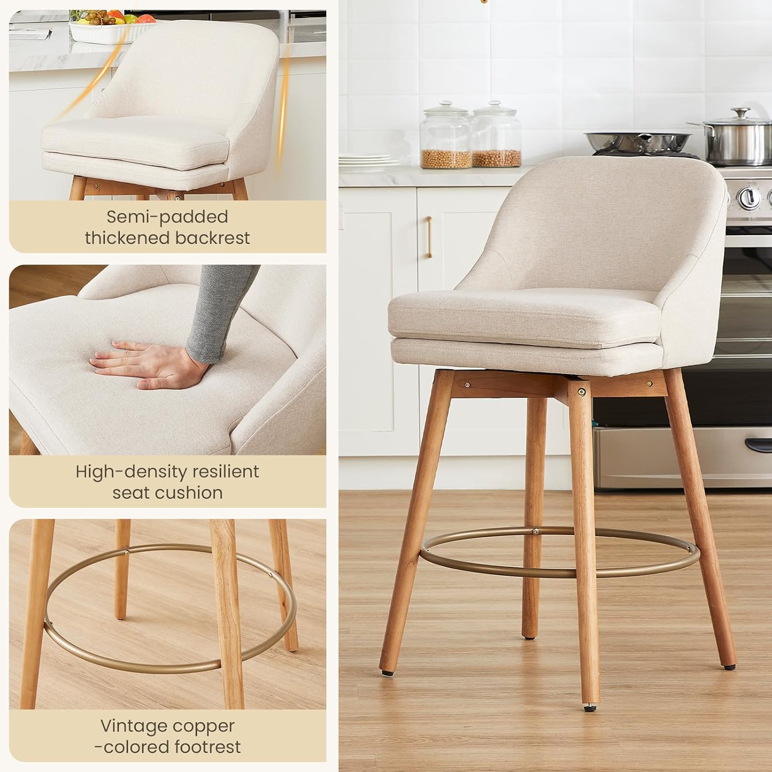 Modern Bar Stools Set of 2,Swivel Counter Height Bar Stools with Soft Upholstered Back,Thick Seat,Wooden Legs, 27" Counter Stools for Kitchen Island (Sand, 2 Pieces - 27" Counter Height)