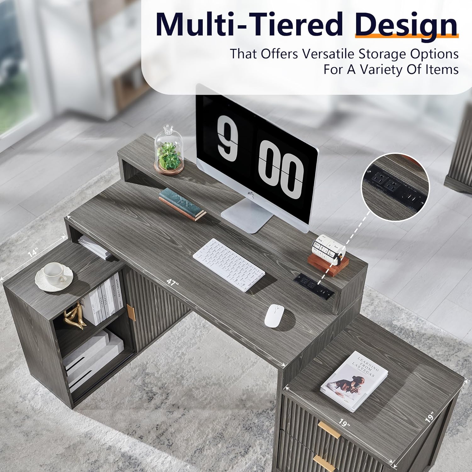 JXQTLINGMU Modern L Shaped Desk with Storage Cabinet & Drawers, Wood Home Office Desk with Power Outlets, Fluted Computer Writing Desk