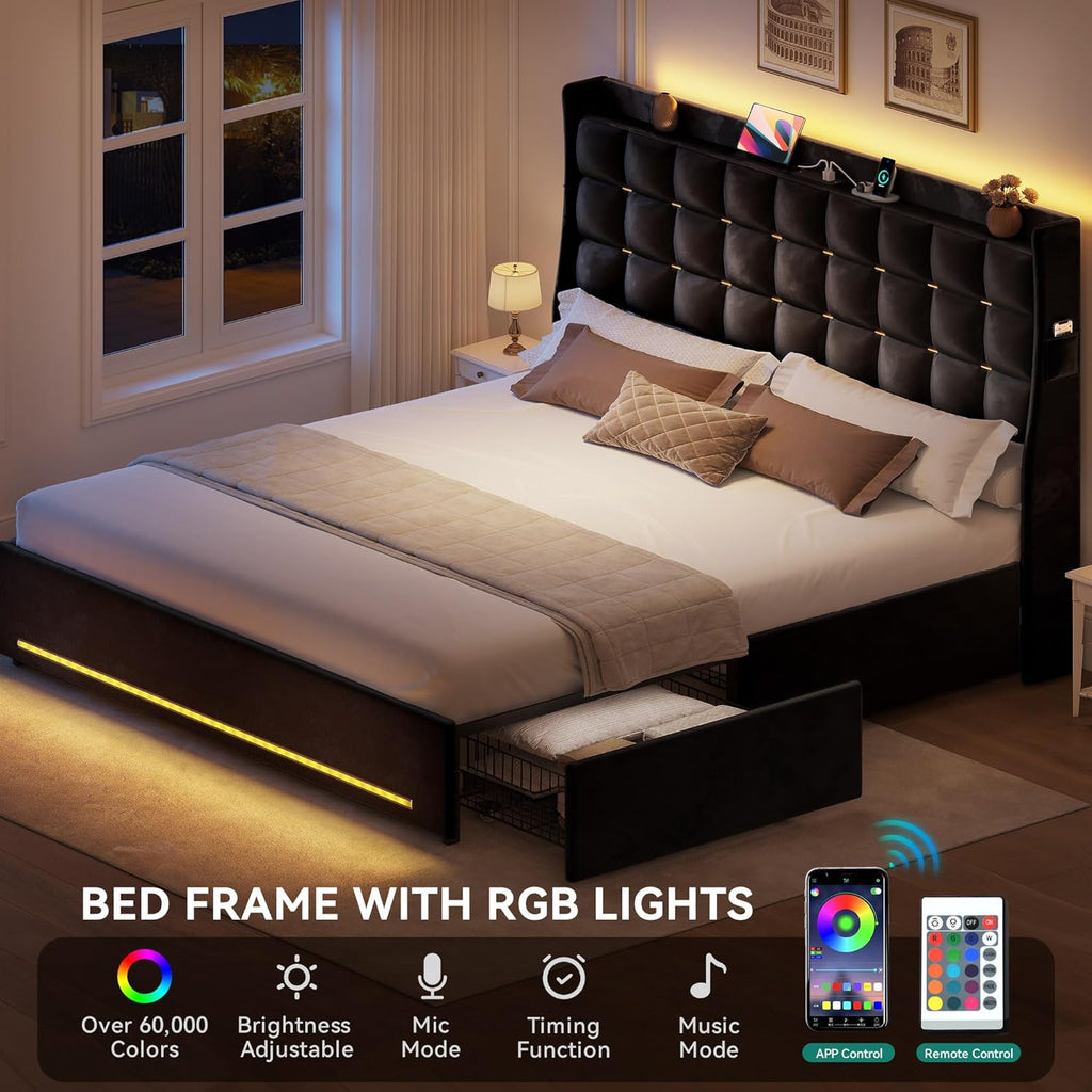 YITAHOME Queen Size Bed Frame with 4 Drawers and RGB LED Lights, Velvet Upholstered Platform Bed with Charging Station and Storage Headboard, No Box Spring Needed, Easy Assembly, Black