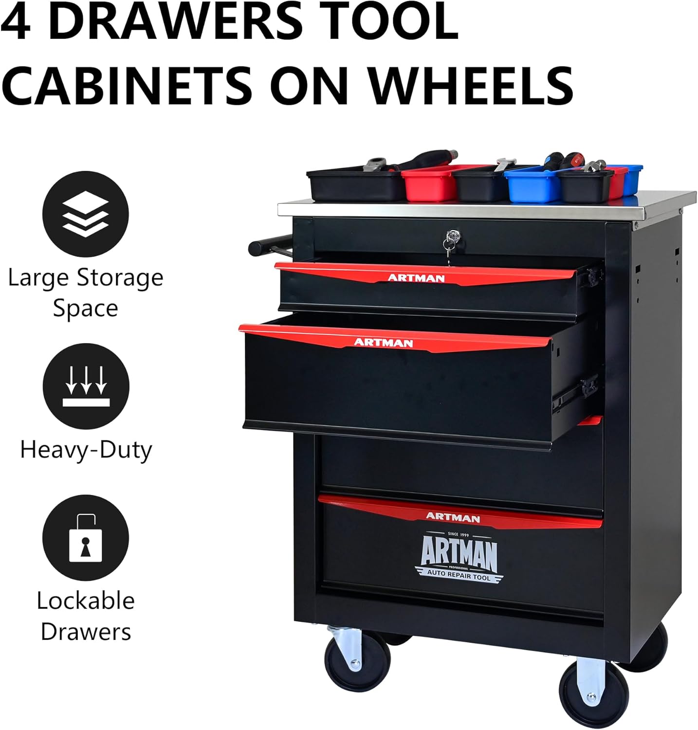 4-Drawer Rolling Tool Chest, Black & Red Modular Tool Box with Wheels, Heavy-Duty Rolling Tool Cabinet for Garage & Workshop Storage