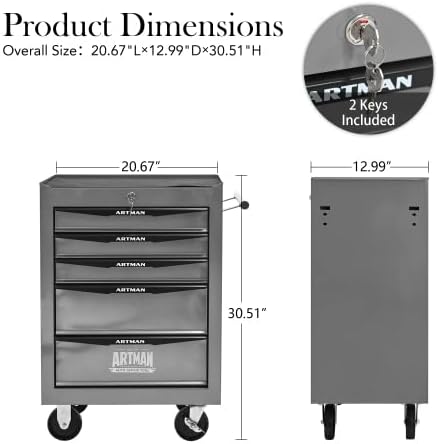 Iron-Top Rolling Tool Chest with Lockable Wheels and Side Handles, 7-Drawer Tool Storage Cabinet with Ball Bearing for Garage, Repair Shop, Required Assembly, Large Storage Capacity (Iron, 5-Gray)