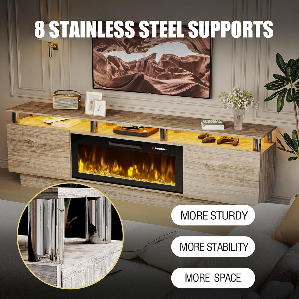 80" Modern Fireplace TV Stand with 36" Electric Fireplace for TVs Up to 90 inch, Luxury LED Light Entertainment Center with High Gloss Cabinet, TV Consoles for Living Room, Grey