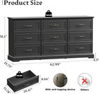 Farmhouse 9 Drawers Dresser for Bedroom, 63" Wide Modern Chest of Drawers with Deep Drawers & Bar Handles, Rustic Wood Dresser TV Stand, Wooden Closet Storage Organizer for Living Room, Hallway, Black
