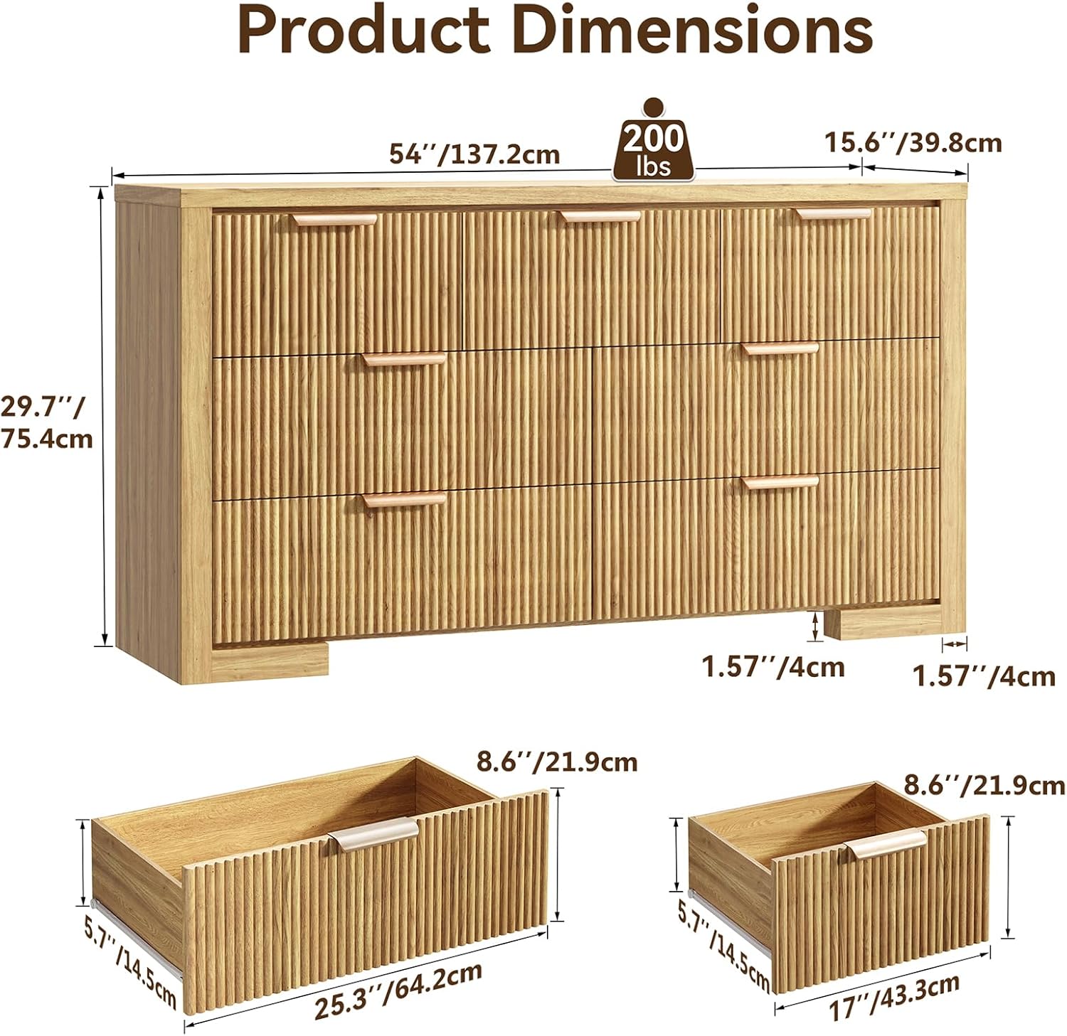 Fluted Dresser for Bedroom, 7 Drawer Dresser with Gold Handle, 54" Wide Chest of Drawers, Modern Wood Dressers Organizer for Bedroom, Liveroom, Entryway, Natural Oak