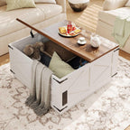 Jocoevol Farmhouse Lift Top Coffee Table, Square Wood Center Table with LED Lighting, USB-C Charging Station, and Hidden Storage Compartment - Rustic White & Oak Living Room Furniture