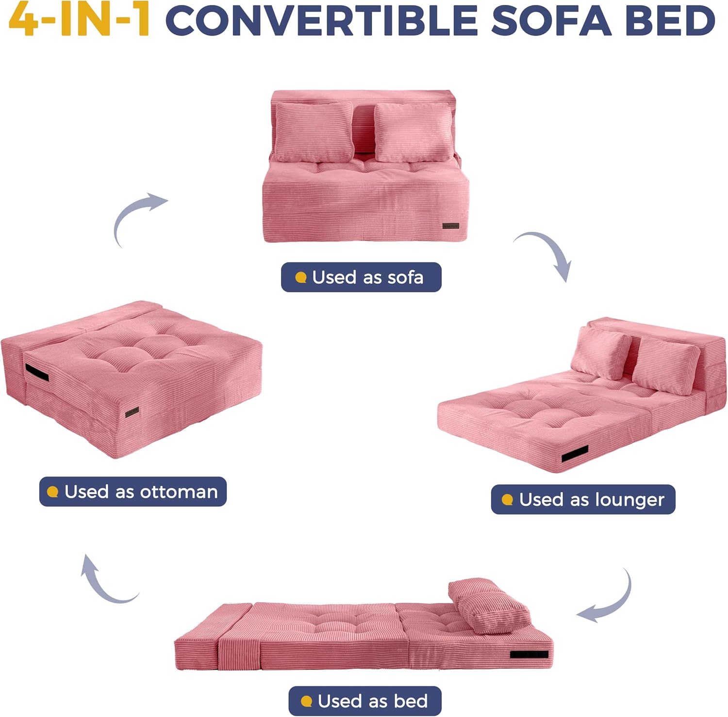 MAXYOYO Convertible Sofa Bed, Fold Out Loveseat Sleeper Sofa with Pillow, 4 in 1 Tufted Folding Couch Bed Foam Floor Couch, Lazy Chair for Living Room Bedroom Guest Room, Pink