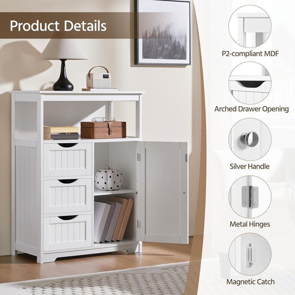 Yaheetech Bathroom Storage Cabinet Bathroom Floor Cabinet Freestanding Storage and Organizer with Door, 3 Drawers, Adjustable Shelf, 35.5 Inches Height, White