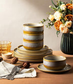 TheTerra Ceramic Dinnerware Sets for 6, 18 Pieces Handmade Reactive Glaze Plates and Bowls Set, Scratch Resistant Dish Set, Oven & Microwave & Dishwasher Safe, Autumn Haze