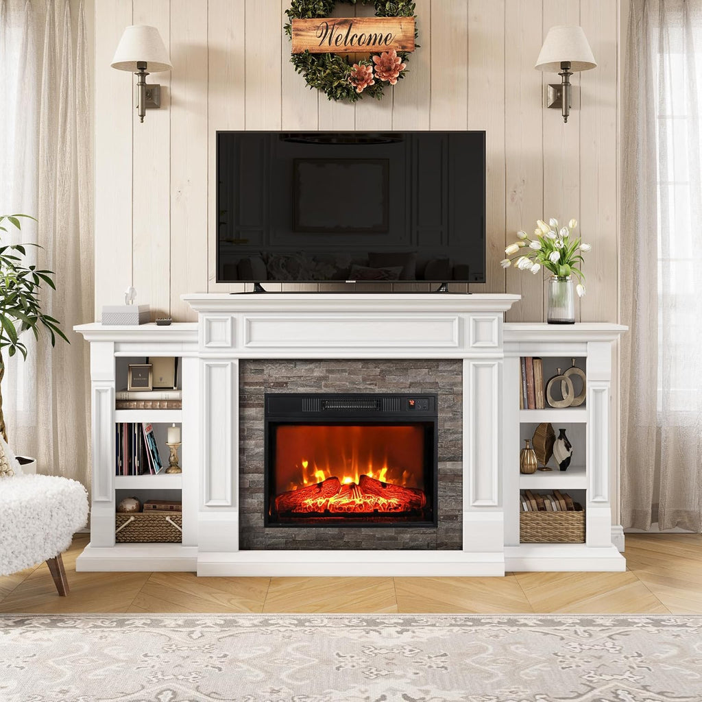 LGHM 72" Electric Fireplace with Mantel, Fireplace TV Stand for TVs Up to 80 Inch, Modern Entertainment Center with Storage, Fireplace Heater Insert with Realistic 3D Flame for Living Room, Bedroom