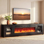 MXV 90" Fireplace TV Stand, Modern Entertainment Center with 60 Inch Electric Fireplace, Adjustable Shelf & Glass Door, Fire Place with WI-FI Enabled, TV Console for Living Room, Black