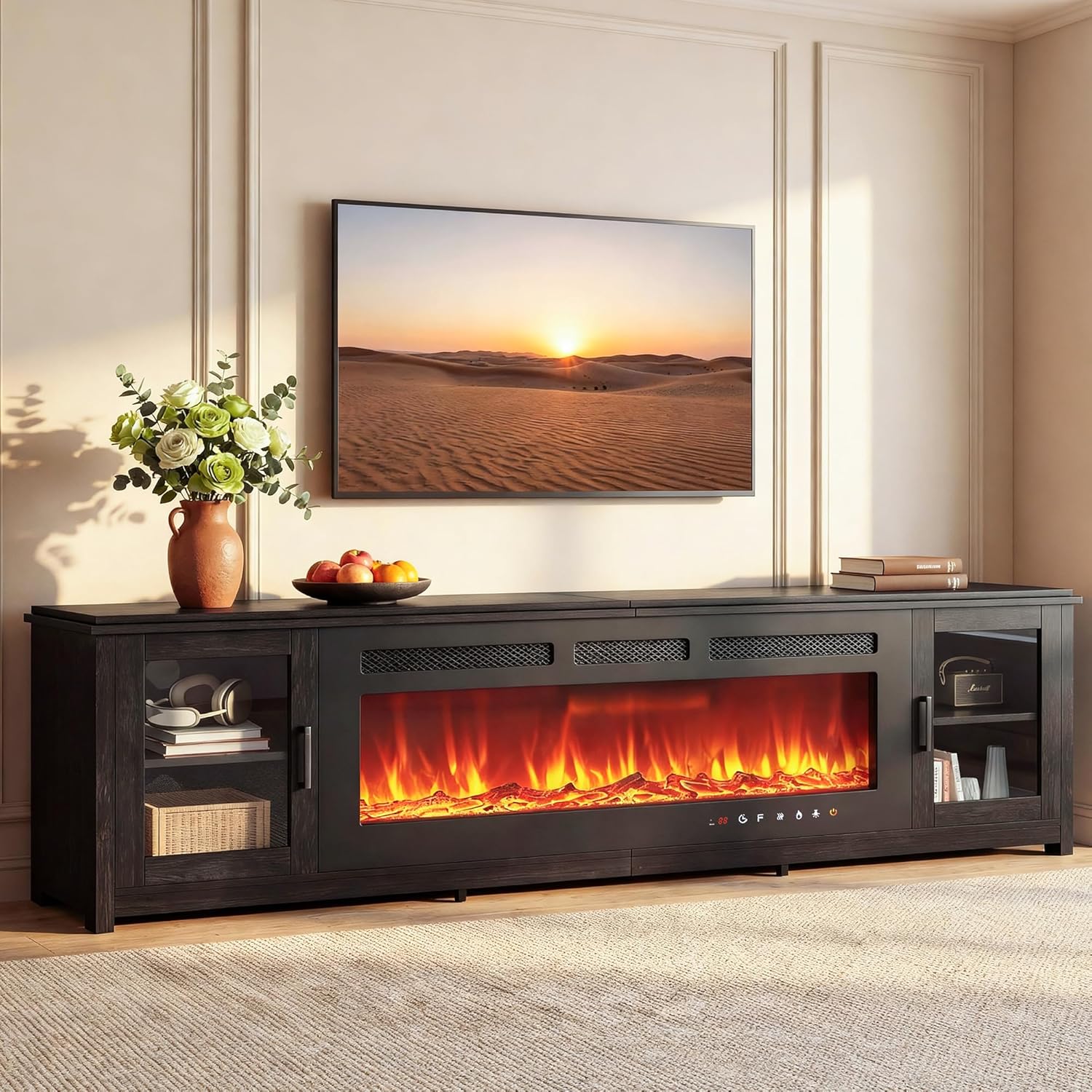 MXV 90" Fireplace TV Stand, Modern Entertainment Center with 60 Inch Electric Fireplace, Adjustable Shelf & Glass Door, Fire Place with WI-FI Enabled, TV Console for Living Room, Black