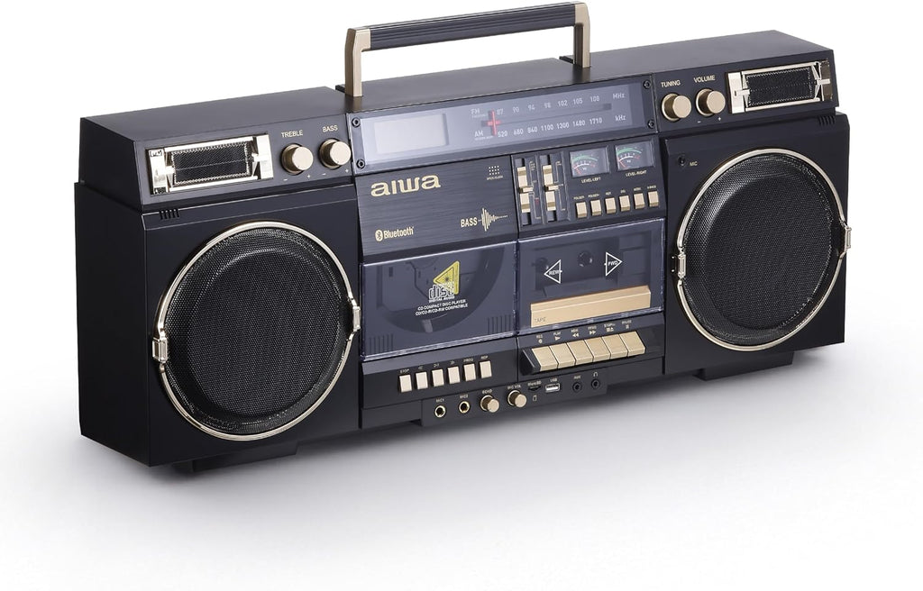 aiwa Retro Boombox BackTrack CD Player with Cassette Recording  Bluetooth 5.0  FM/AM Radio  USB/SD/AUX Inputs  VU Meters  LCD Display  Dual 40W Speakers (Black and Gold)