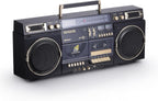 aiwa Retro Boombox BackTrack CD Player with Cassette Recording  Bluetooth 5.0  FM/AM Radio  USB/SD/AUX Inputs  VU Meters  LCD Display  Dual 40W Speakers (Black and Gold)