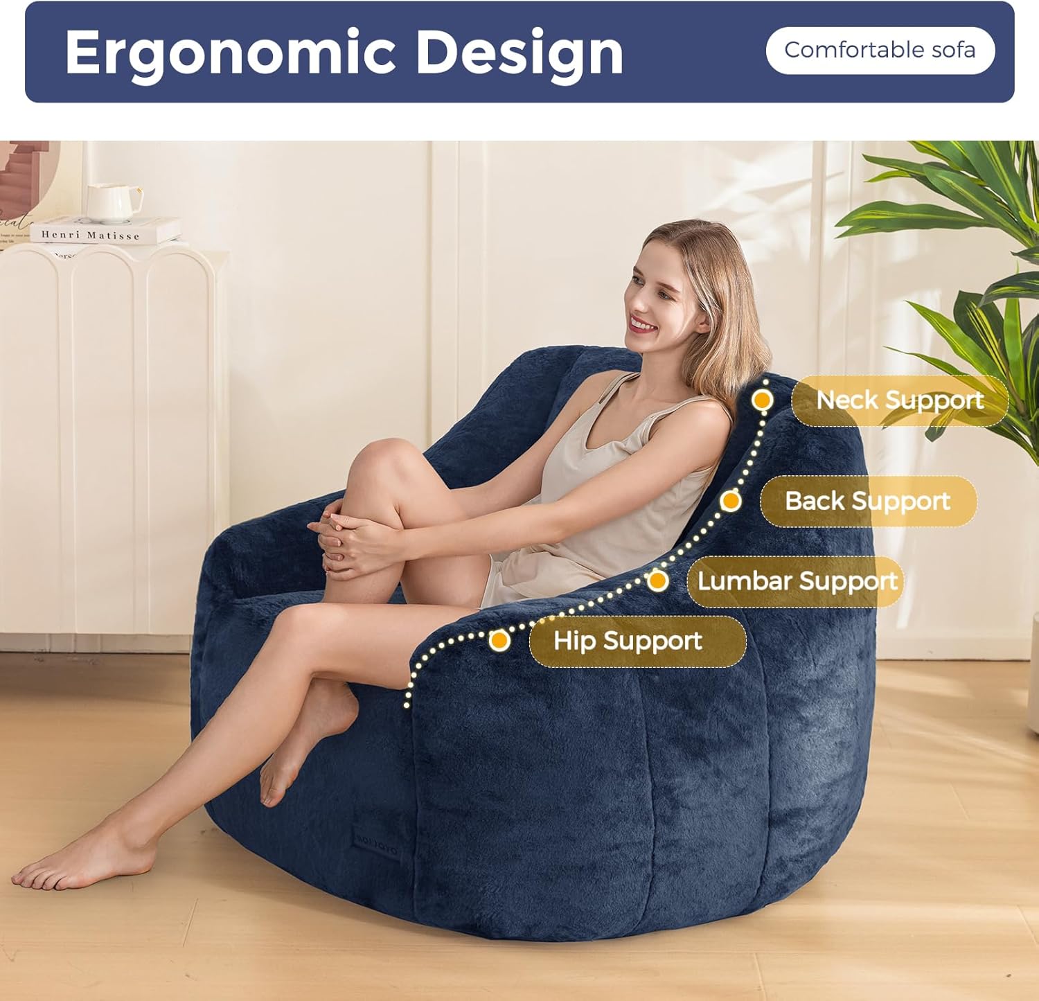 MAXYOYO Bean Bag Chair, Comfy Bean Bag Sofa with Back Support, Faux Fur Bean Bag Chair for Adults and Kids, Stuffed Floor Sofa for Living Room, Bedroom, Apartment, Navy
