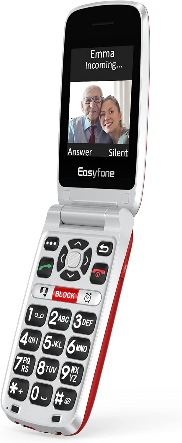 Easyfone Prime-A1 Pro Unlocked 4G Flip Cell Phone for Seniors | Easy-to-Use | Big Buttons | Clear Sound | SOS & Block Button | Photo Speed Dial | SIM Card Included and Charging Dock (Red)
