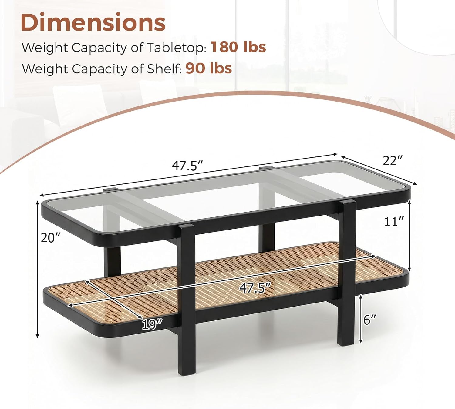 Giantex Rattan Coffee Table, 47.5" Rectangle Solid Wood Tea Table w/Tempered Glass Tabletop, Rattan Storage Shelf, 2-Tier Boho Coffee Tables, Farmhouse Center Table for Living Room (Black)