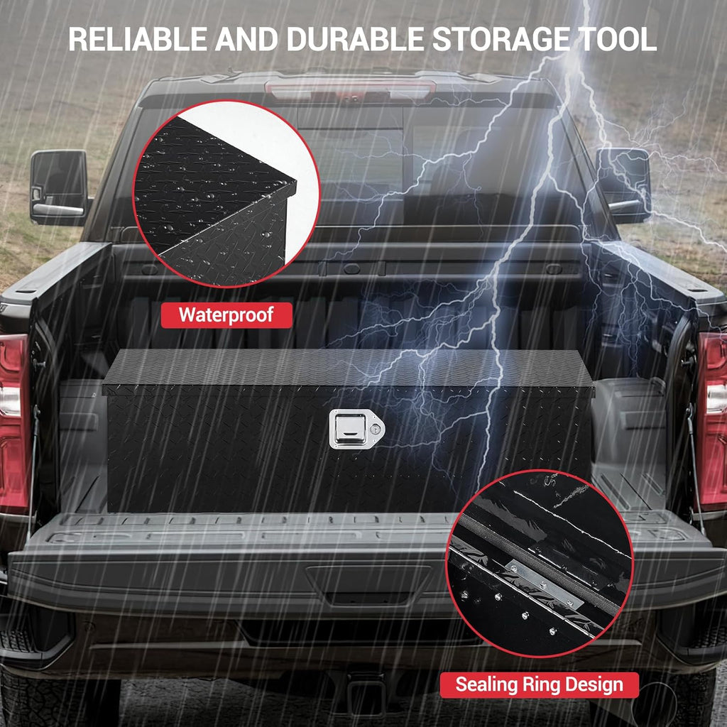 Heavy Duty Aluminum Truck Bed Tool Box 39"x13"x10" – Waterproof Diamond Plate Storage Chest, Lockable with Sliding Shelf & Stainless Handles, Durable Organizer for Pickup, Trailer, RV, Black