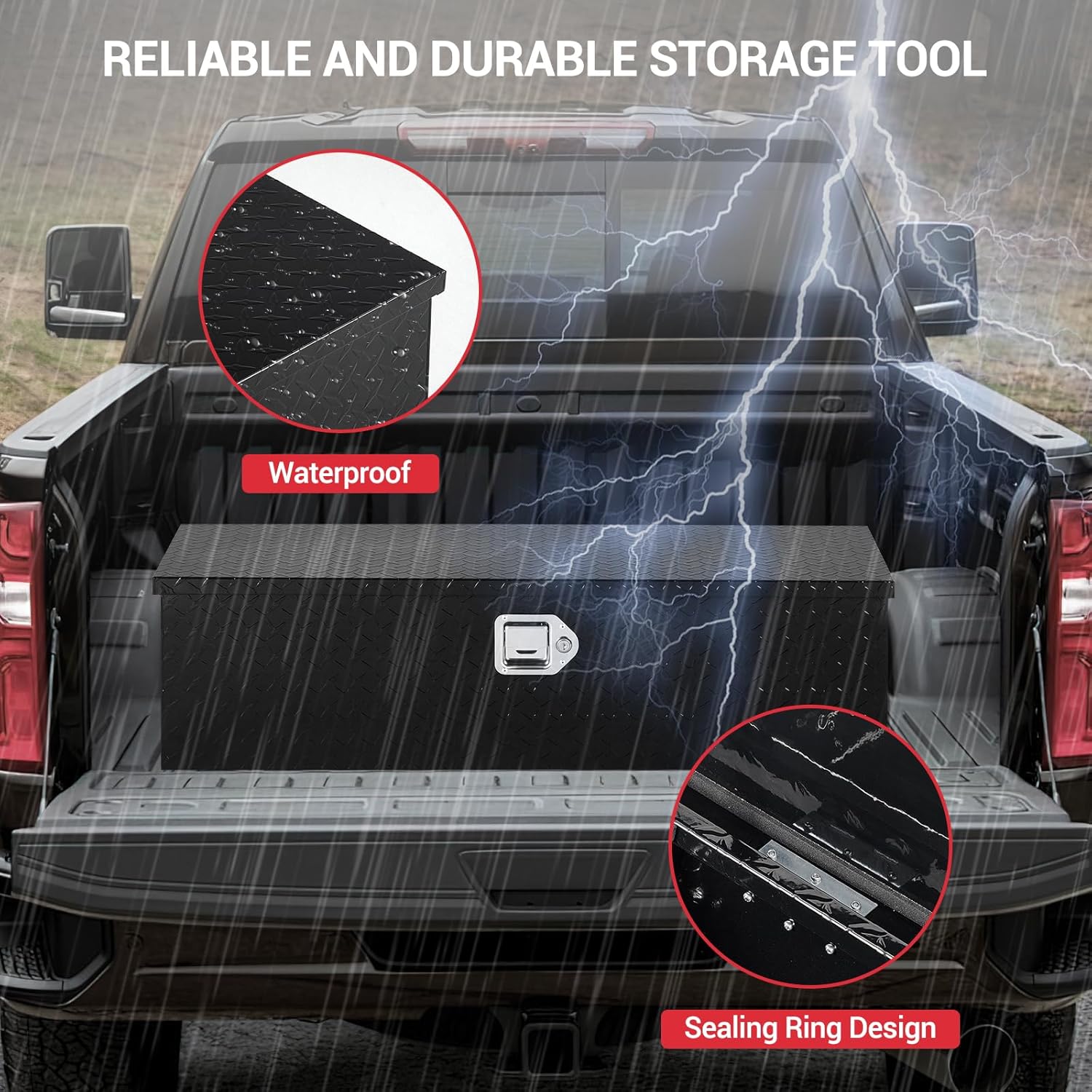 Heavy Duty Aluminum Truck Bed Tool Box 39"x13"x10" – Waterproof Diamond Plate Storage Chest, Lockable with Sliding Shelf & Stainless Handles, Durable Organizer for Pickup, Trailer, RV, Black
