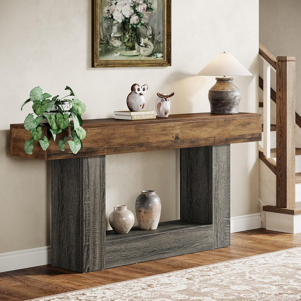 Tribesigns 63" Console Table, Farmhouse 2-Tier Entryway Table with U-Shaped Base, Narrow Long Wood Sofa Table Behind Couch Table for Living Room, Hallway, Foyer, Vintage Brown & Gray | Farmhouse, Entryway Table, Narrow, Long, Sofa Table, Behind Couch