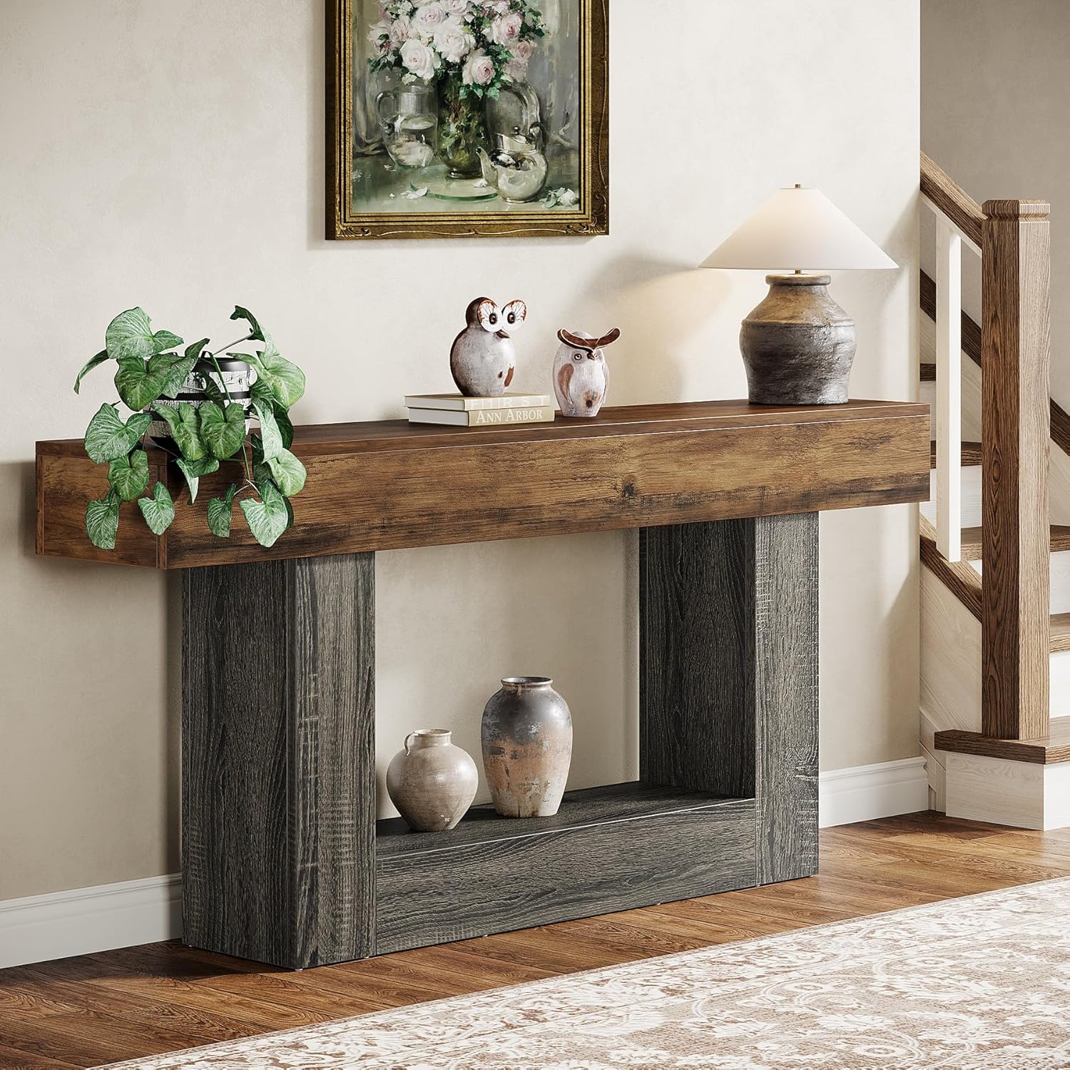 Tribesigns 63" Console Table, Farmhouse 2-Tier Entryway Table with U-Shaped Base, Narrow Long Wood Sofa Table Behind Couch Table for Living Room, Hallway, Foyer, Vintage Brown & Gray | Farmhouse, Entryway Table, Narrow, Long, Sofa Table, Behind Couch